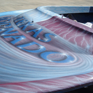 Jet boat airbrushed with Red Wine kandy, Electric Blue, Silver Platinum Illusion Pearls.