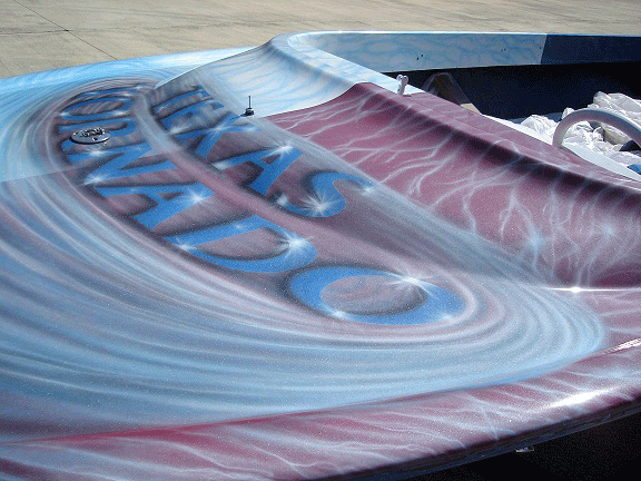 Jet boat airbrushed with Red Wine kandy, Electric Blue, Silver Platinum Illusion Pearls.
