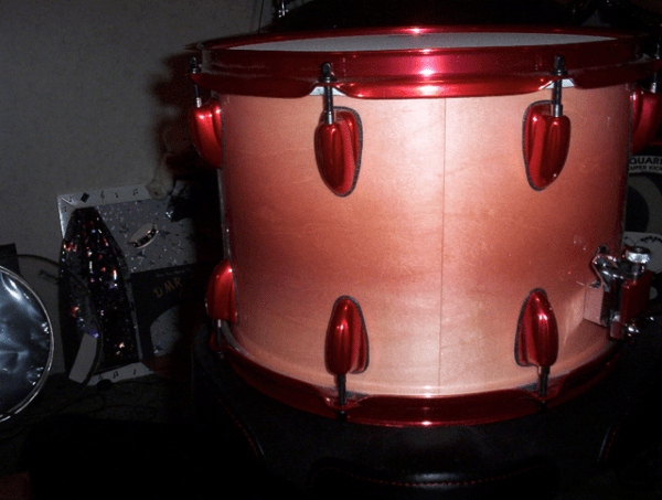 Rose Red Kolor Pearls on Drum Set by DMR Drums.