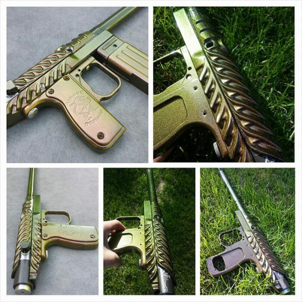 Paintball gun with 4739CS Gold Green Bronze Kolorshift Pearls powder coated on the surface.