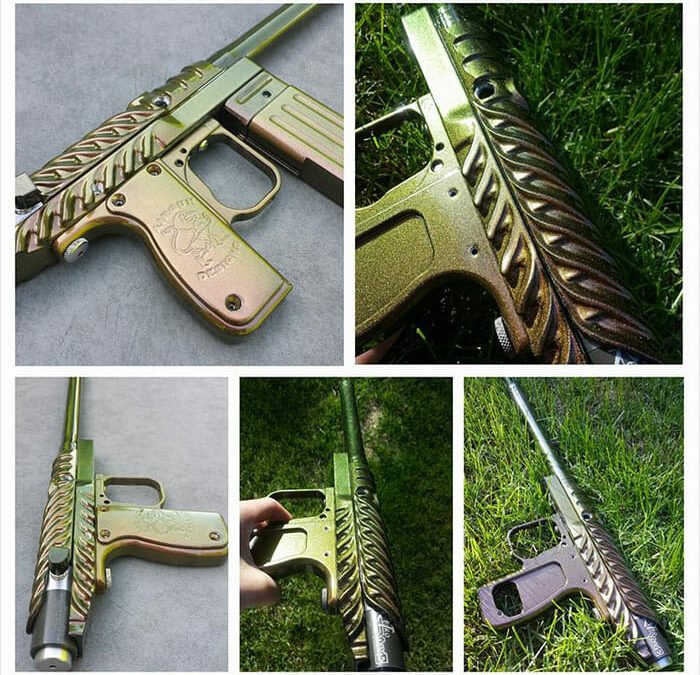 Paintball gun with 4739CS Gold Green Bronze Kolorshift Pearls powder coated on the surface.