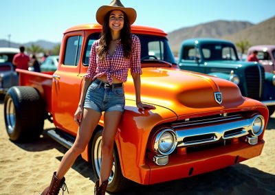 Girl next to 50's Chevy pickup painted orange with Gold Ghost pearl.